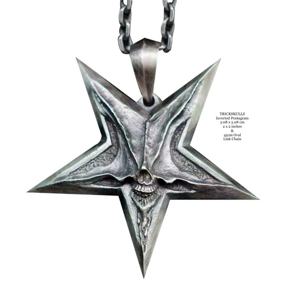 Inverted Pentagram Chaos Star Skull New Retro Pendant & 45cm Oval Link Chain - Picture 1 of 7